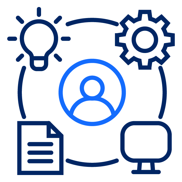 Icon showing a person surrounded by a document, lightbulb, computer, and gear, representing employment changes and workforce administration processes.